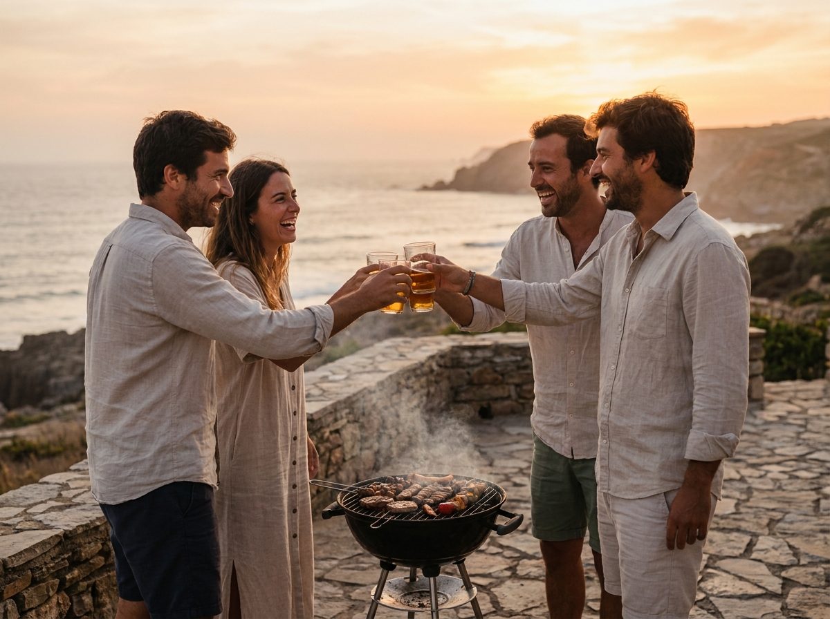 Friends toasting over the embers at sunset
