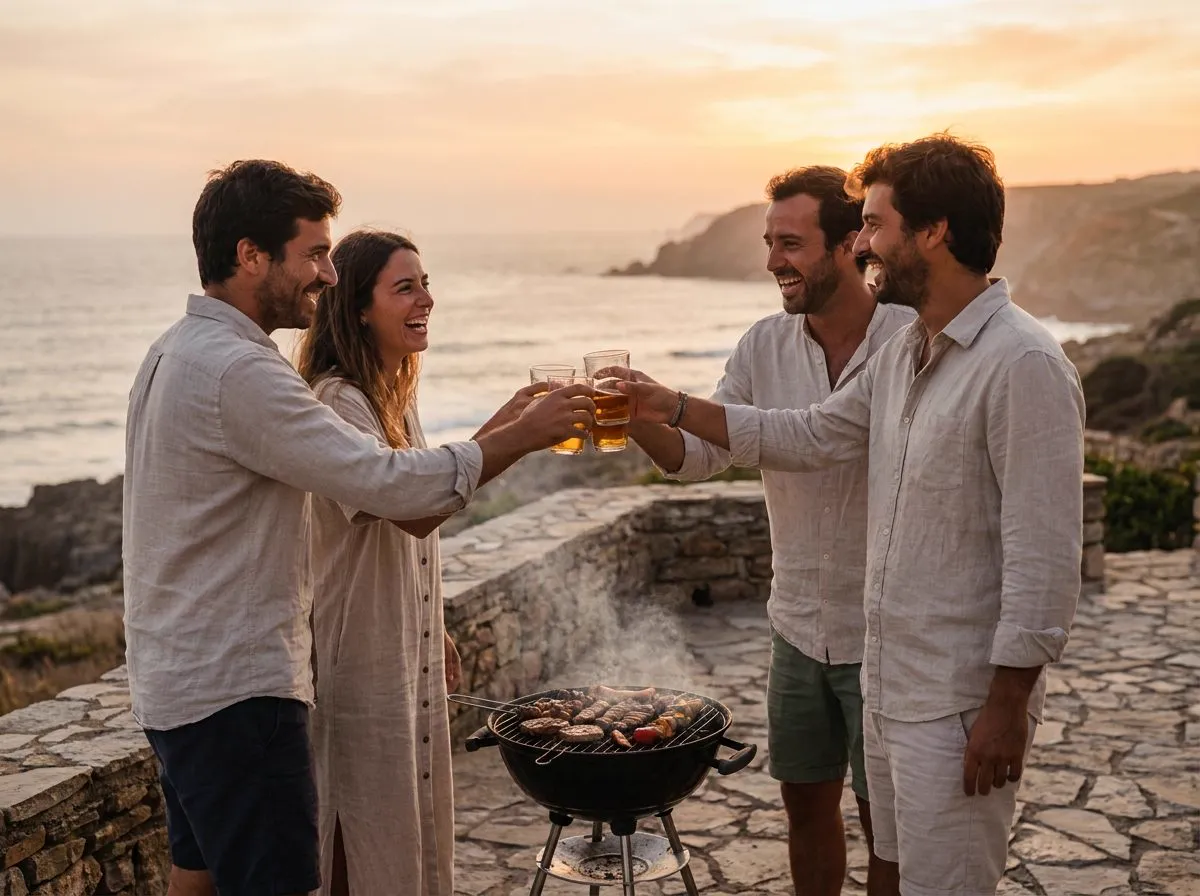 Brinde de amigos sobre a brasa ao pôr do sol