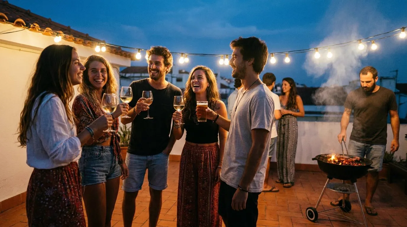 Amigos a brindar numa festa de verão junto ao grelhador