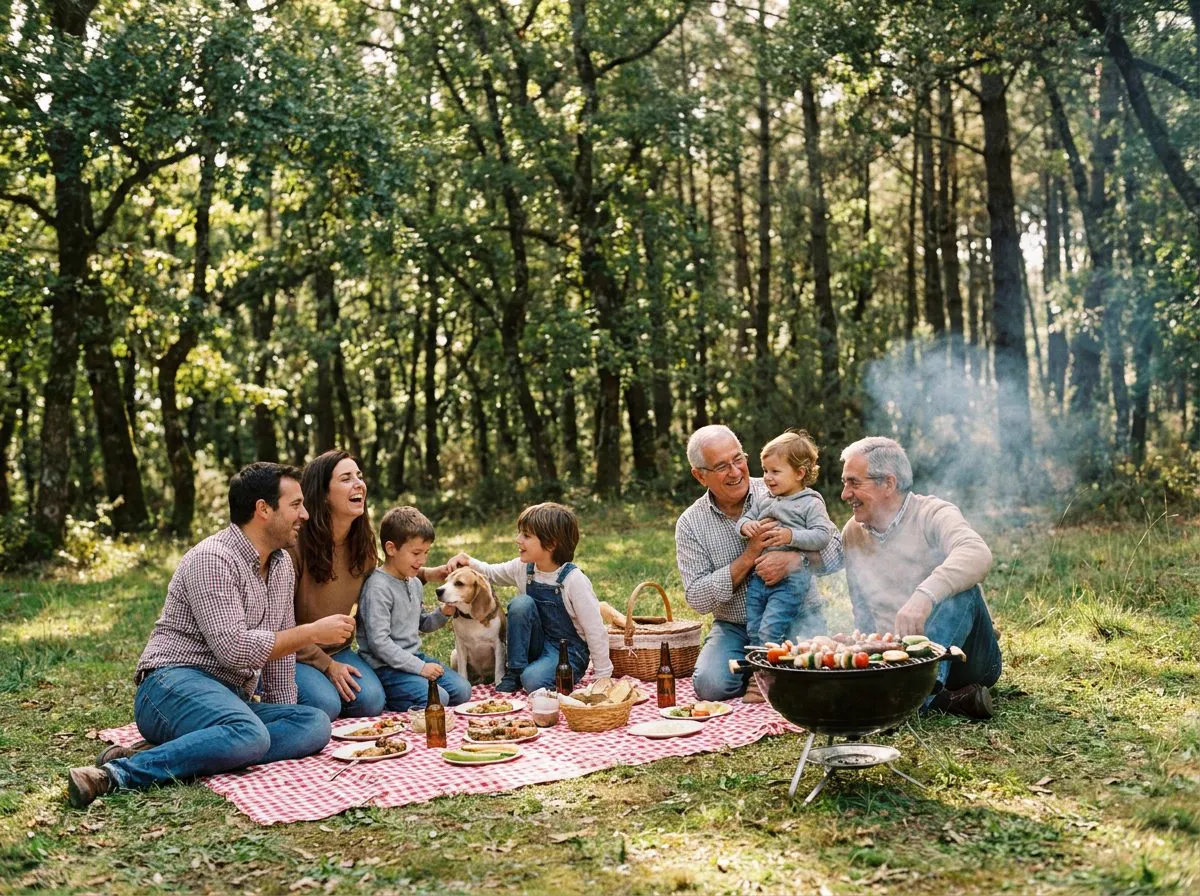 Família em piquenique de churrasco junto à floresta