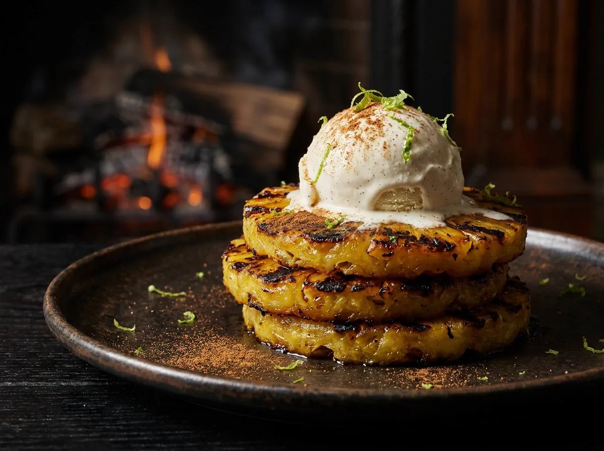 Ananás grelhado caramelizado com canela e gelado