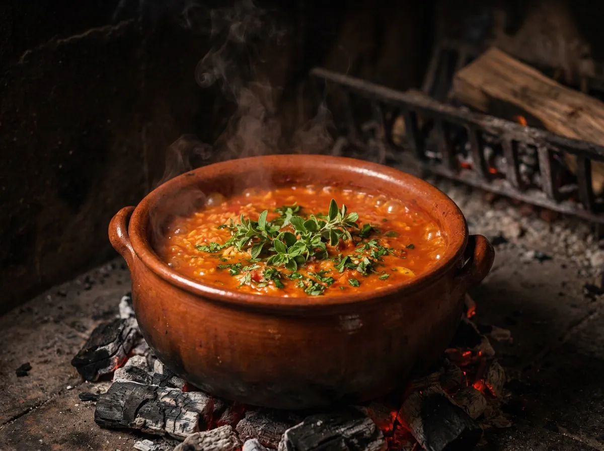 Arroz de tomate com poejos em tacho de barro sobre a brasa