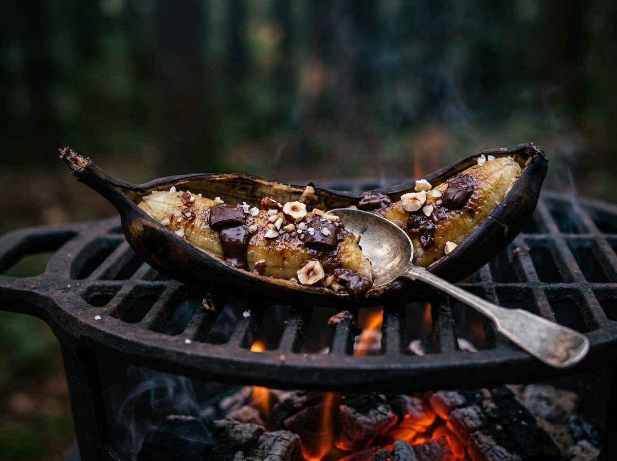 Banana in its skin with melted dark chocolate