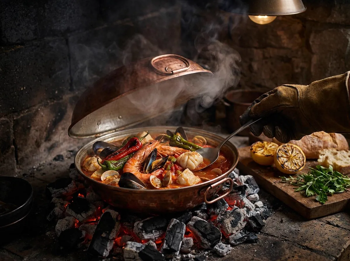 Cataplana de marisco aberta sobre a brasa