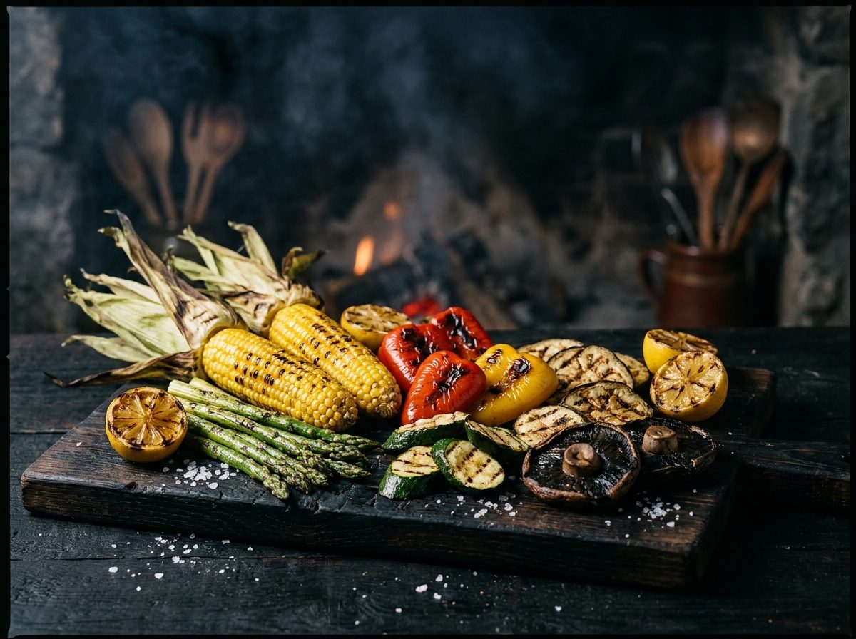 Board of grilled vegetables with coarse salt