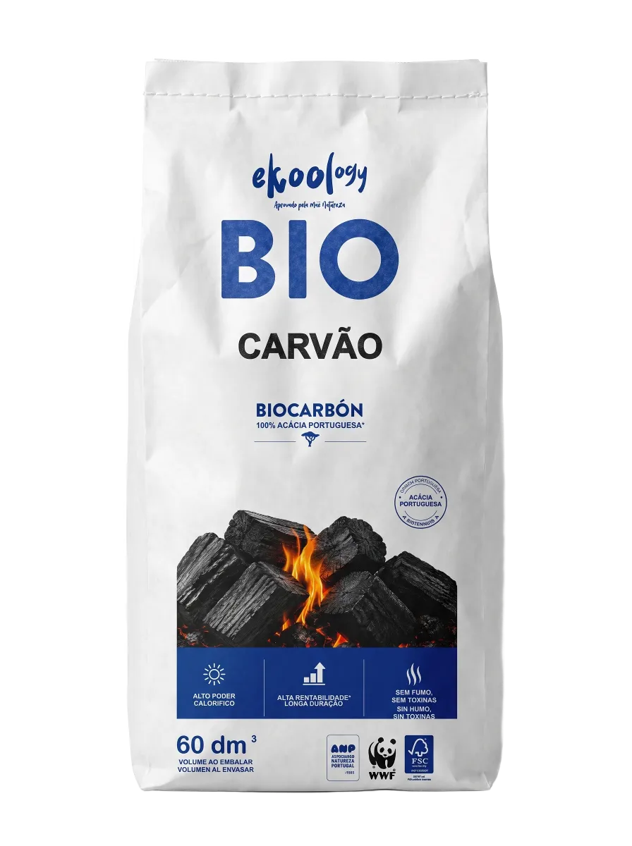 Saco de BioCarvão EKOOLOGY — nova embalagem 2026